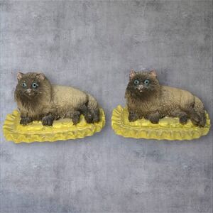 Charming Pair of Siamese Cat Figurines Sitting on Yellow Pillows Kitschy Decor